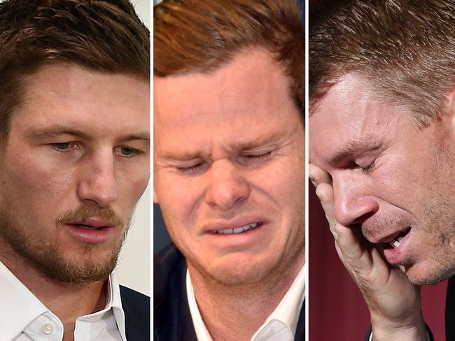 COMPOSITE IMAGE - Cameron Bancroft, Steve Smith and David Warner. TOPSHOT - Cricketer Steve Smith reacts at a press conference at the airport in Sydney on March 29, 2018, after returning from South Africa. Distraught Australian cricketer Steve Smith on March 29 accepted full responsibility for a ball-tampering scandal that has shaken the sport, saying he was devastated by his "big mistake". / AFP PHOTO / PETER PARKS / -- IMAGE RESTRICTED TO EDITORIAL USE - STRICTLY NO COMMERCIAL USE --