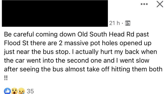 A local Facebook group warning residents about damaged roads. Image: Facebook.