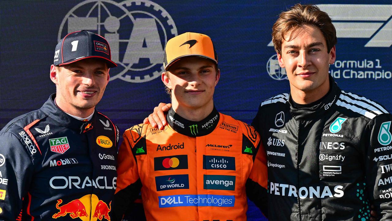 Max Verstappen, Oscar Piastri and George Russell. Photo by Andrej ISAKOVIC / AFP.