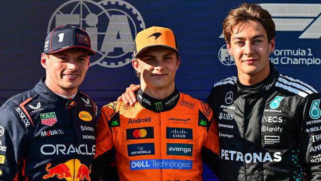 Max Verstappen, Oscar Piastri and George Russell. Photo by Andrej ISAKOVIC / AFP.