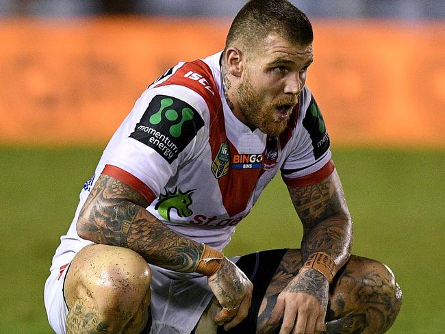 Josh Dugan of the Dragons reacts following his team's win over the Sharks in the Round 3 NRL match between the Cronulla Sutherland Sharks and the St George Illawarra Dragons at Southern Cross Group Stadium in Sydney, Sunday, March 19, 2017. (AAP Image/Dan Himbrechts) NO ARCHIVING, EDITORIAL USE ONLY