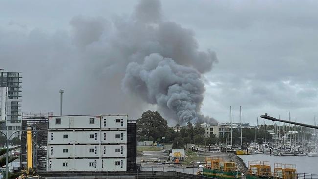 The blaze which destroyed three warehouses at Wickham on Tuesday. Picture: Fire and Rescue NSW.