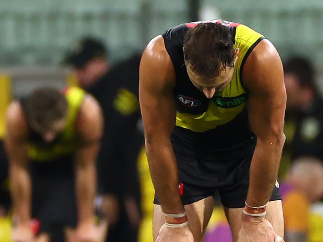 MELBOURNE, AUSTRALIA - MAY 11: Toby Nankervis of the Tigers looks dejected after losing the round nine AFL match between Richmond Tigers and Western Bulldogs at Melbourne Cricket Ground, on May 11, 2024, in Melbourne, Australia. (Photo by Quinn Rooney/Getty Images)