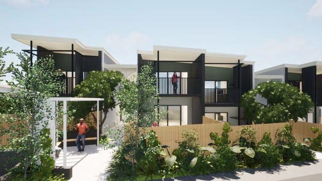 The modern multimillion-unit complex will feature a dark colour palette juxtaposition with white panelling, alongside straight boxlike lines and greenery. Picture: Hutchies