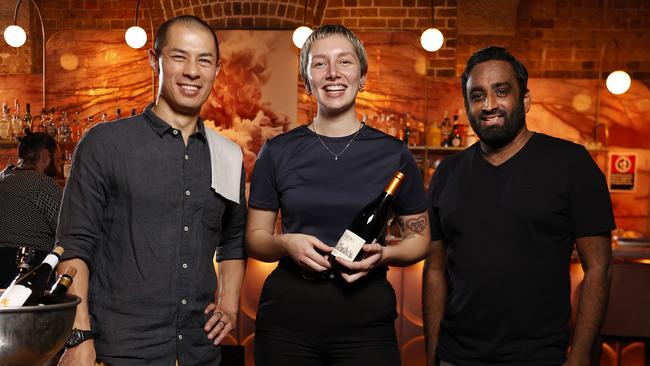 Justin Newton owner of Grana restaurant in the Sydney CBD with manager Claire Ivanovski and 24-hour economy commissioner Michael Rodrigues. Picture: Jonathan Ng