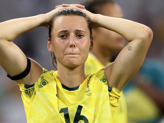 MARSEILLE, FRANCE - JULY 31: Hayley Raso #16 of Team Australia looks dejected following the Women's group B match between Australia and United States during the Olympic Games Paris 2024 at Stade de Marseille on July 31, 2024 in Marseille, France. (Photo by Alex Livesey/Getty Images)