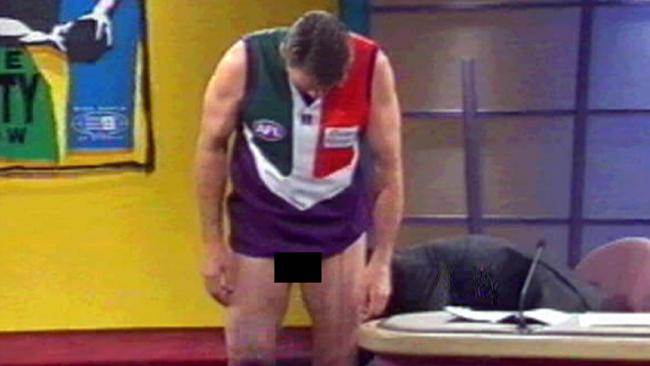 Sam Newman after his shorts and underwear were pulled down by footballer Shane Crawford on The Footy Show.