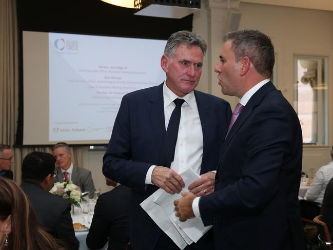 22/02/2024. Australian Business Association, Trans-Tasman Circle event held at Ashurst Australia offices in Martin Place, Sydney.  Jim Chalmers MP, Treasurer, Australian Government attended to deliver the keynote address, pictured talking with Ross McEwan, CEO National Bank of Australia. Britta Campion / The Australian