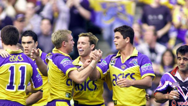 The Eels spent a whole lot of time celebrating tries in 2001... Picture: AAP