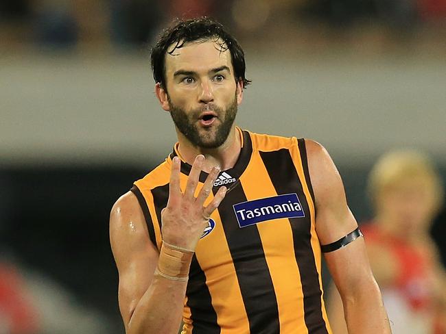 AFL: Round 9 Hawthorn v Sydney Swans Swans Jordan Lewis lets a Swan player Health Grundy know how many premership cups he has won late in the last minute of play in the game after the swans won the match Picture:Wayne Ludbey