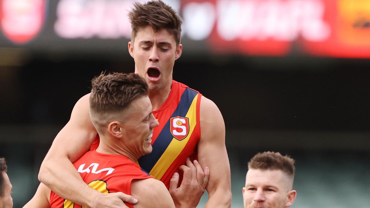 Captain Jack Hayes celebrates a goal with his SA teammates. Picture: SANFL Image/David Mariuz)