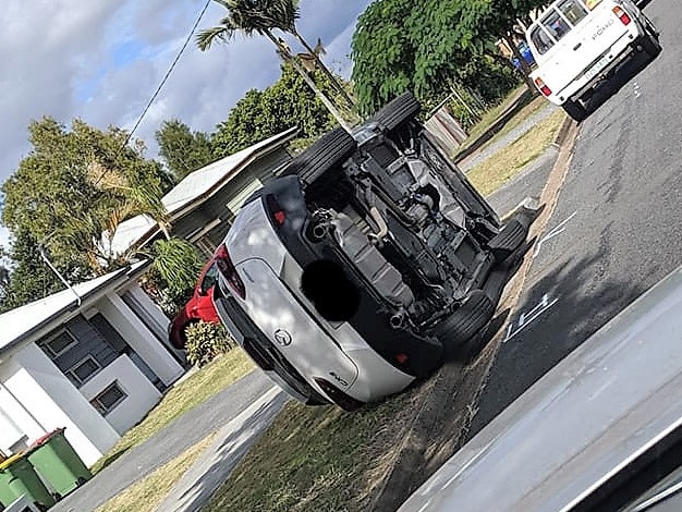 One of the cars that was tipped on its side at the weekend. Photo: Kearie Ferris