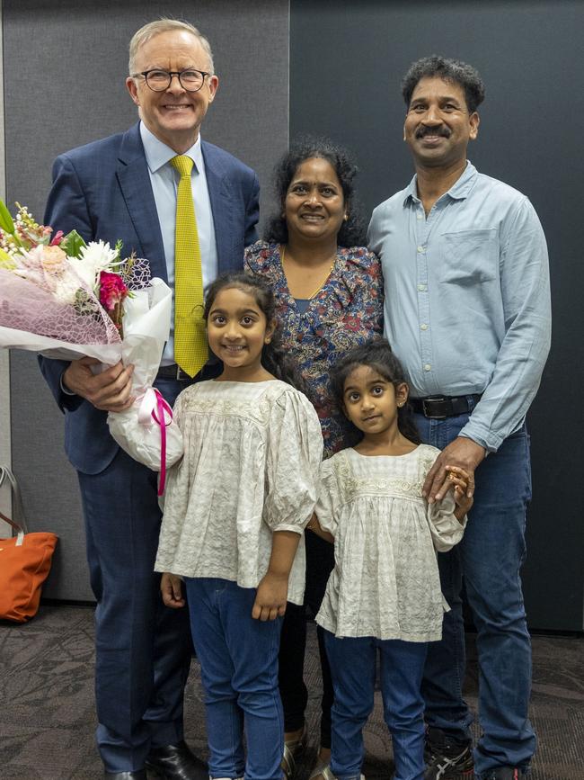 PM Anthony Albanese with Nadesalingam family who recently arrived back in Biloela, In Gladstone today. Picture: Supplied PMO