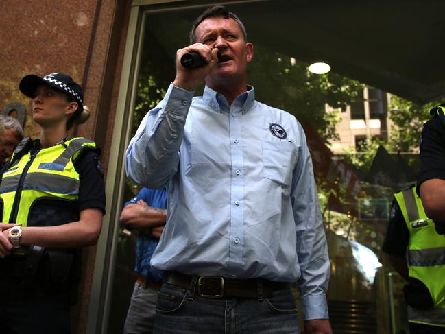 Workers unions like the MUA and the CFMEU protested the lockout of DP World members. They protested outside Citibank who own around 75% of DP World. Assistant National Secretary of the Maritime Union of Australia Warren Smith talking at the protrst.Picture: Brendan Francis.