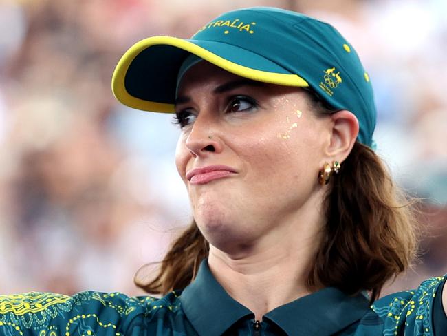 PARIS, FRANCE - AUGUST 09: B-Girl Raygun of Team Australia  reacts during the B-Girls Round Robin - Group B on day fourteen of the Olympic Games Paris 2024 at Place de la Concorde on August 09, 2024 in Paris, France. (Photo by Elsa/Getty Images)