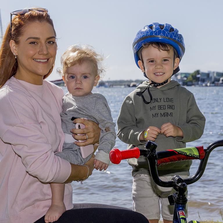 <p>Faces of the Gold Coast at Paradise Point. Ashlee Salmi, Emmett Salmi, 1, and Cohan Salmi, 3. Picture: Jerad Williams</p>