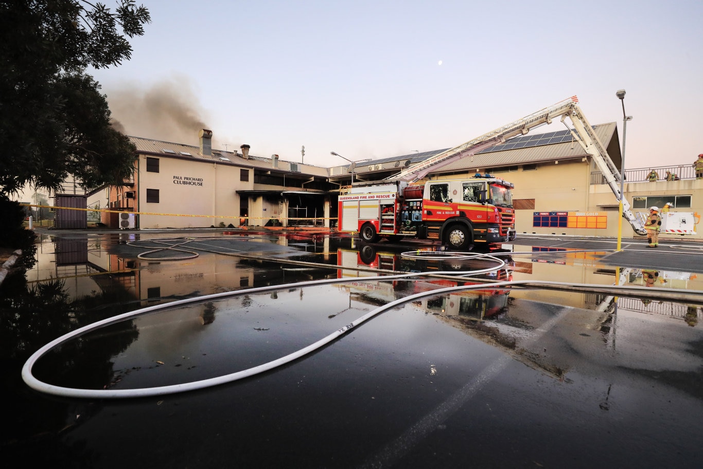 Flames burst from the roof of the Cudgen Leagues club as Queensland Fire Brigade Officers assist local Kingscliff and Tweed Units to fight the fire .Photo Scott Powick Newscorp