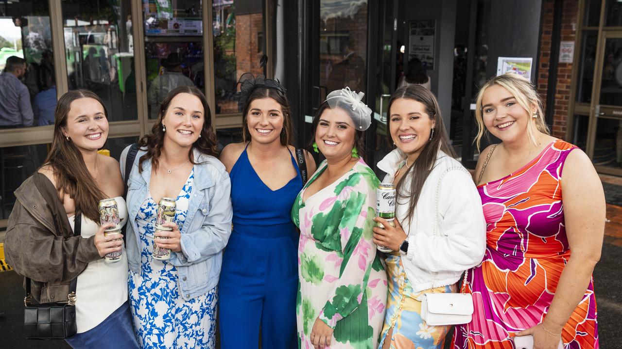 At Weetwood raceday are (from left) Beth Ryan, Emily McKewen, Chloe Jeha, Chloe Ferguson, Kaila Williamson and Libby Parton at Clifford Park, Saturday, September 28, 2024. Picture: Kevin Farmer