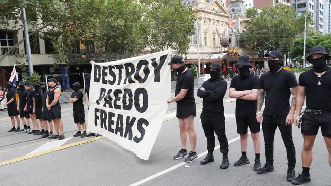 NSN members at the Melbourne protest. Picture: NCA NewsWire/David Crosling