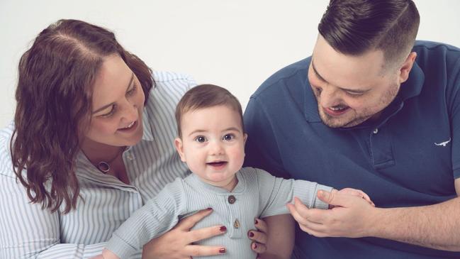 Matthew Lane, who has been diagnosed with stage 3n colon cancer with his wife Kylie-Marie and their son Ignatius. Picture: Supplied