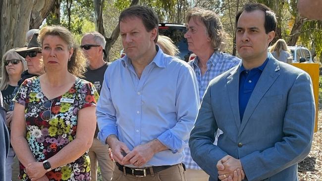 Opposition transport spokesman Vincent Tarzia (right) and Heysen MP Josh Teague (middle) join Hills locals and truckies to protest plans to divert heavy traffic around Hahndorf. Picture: Patrick McDonald