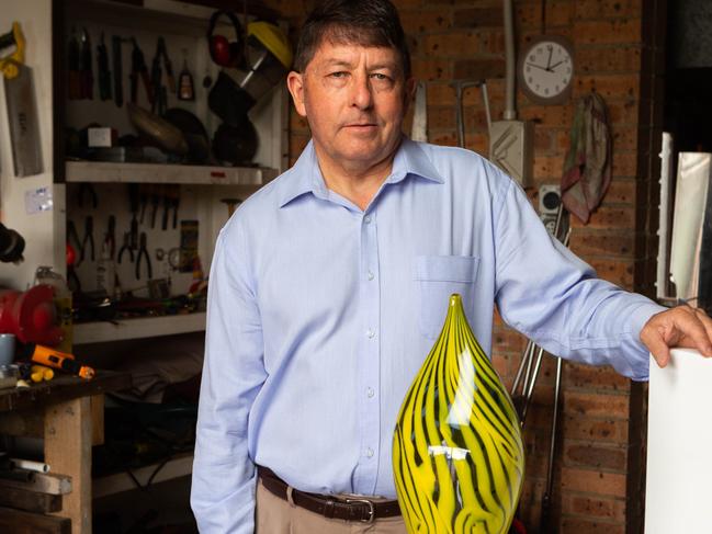 Glass blower James Fletcher at his home workshop in McGraths Hill, NSW. Sunday 28th October 2018. James' art will be exhibited as part of the Arcadian Artists Trail for the first time this year. (AAP Image/Jordan Shields)