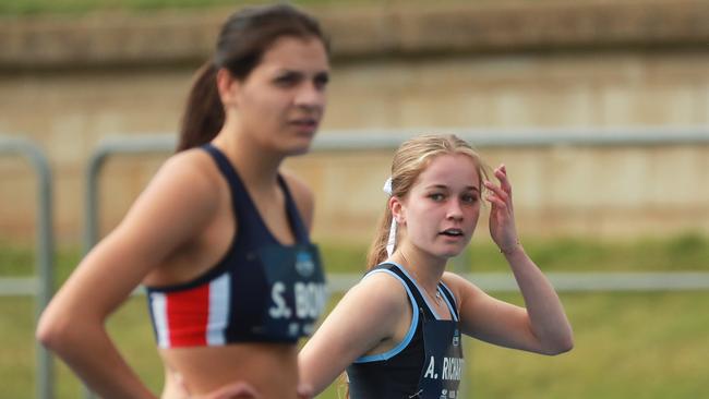 Alexandra Richards of Meriden School looks on after winning the 16 years girls 100m hurdles.