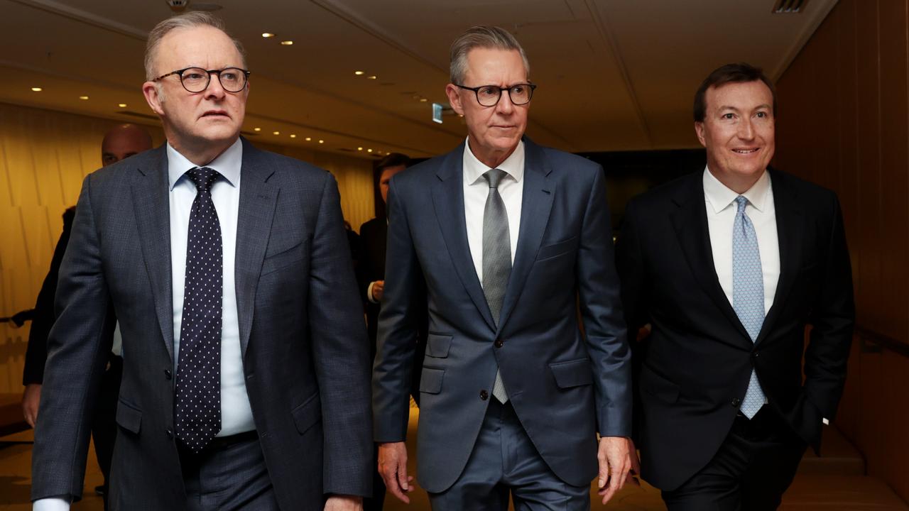 Prime Minister Anthony Albanese, BCA President Geoff Culbert and BCA CEO Bran Black. Picture: Jane Dempster