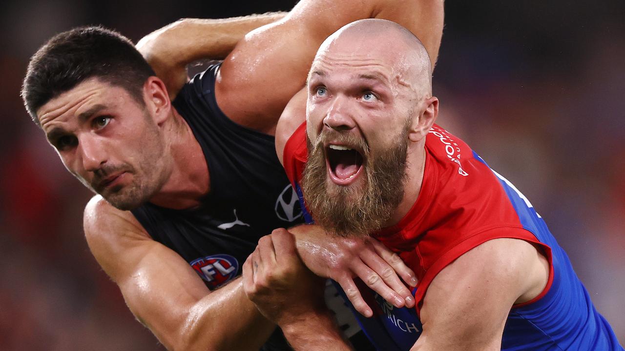 Max Gawn wrestles with Blues ruckman Marc Pittonet. Picture: Michael Klein