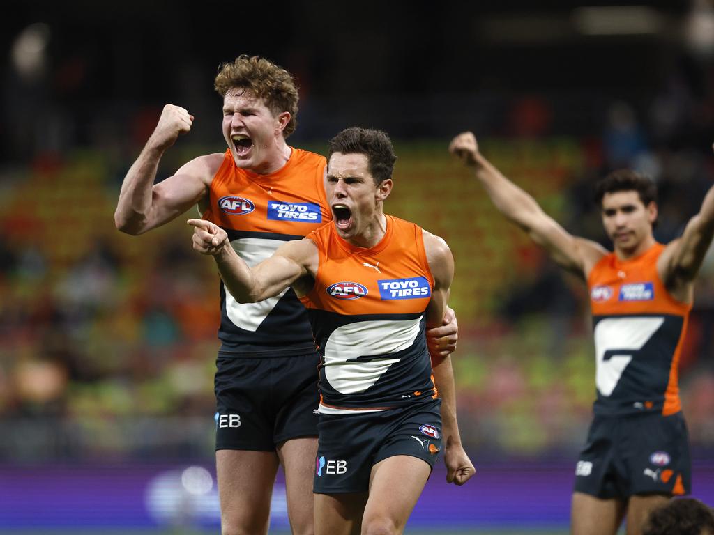Giants Josh Kelly celebrates kicking a goal with Tom Green during the AFL Round 14 AFL match between the GWS Giants and Port Adelaide Power at Engie Stadium, Sydney on June 16, 2024.. Photo by Phil Hillyard (Image Supplied for Editorial Use only - **NO ON SALES** - Â©Phil Hillyard )