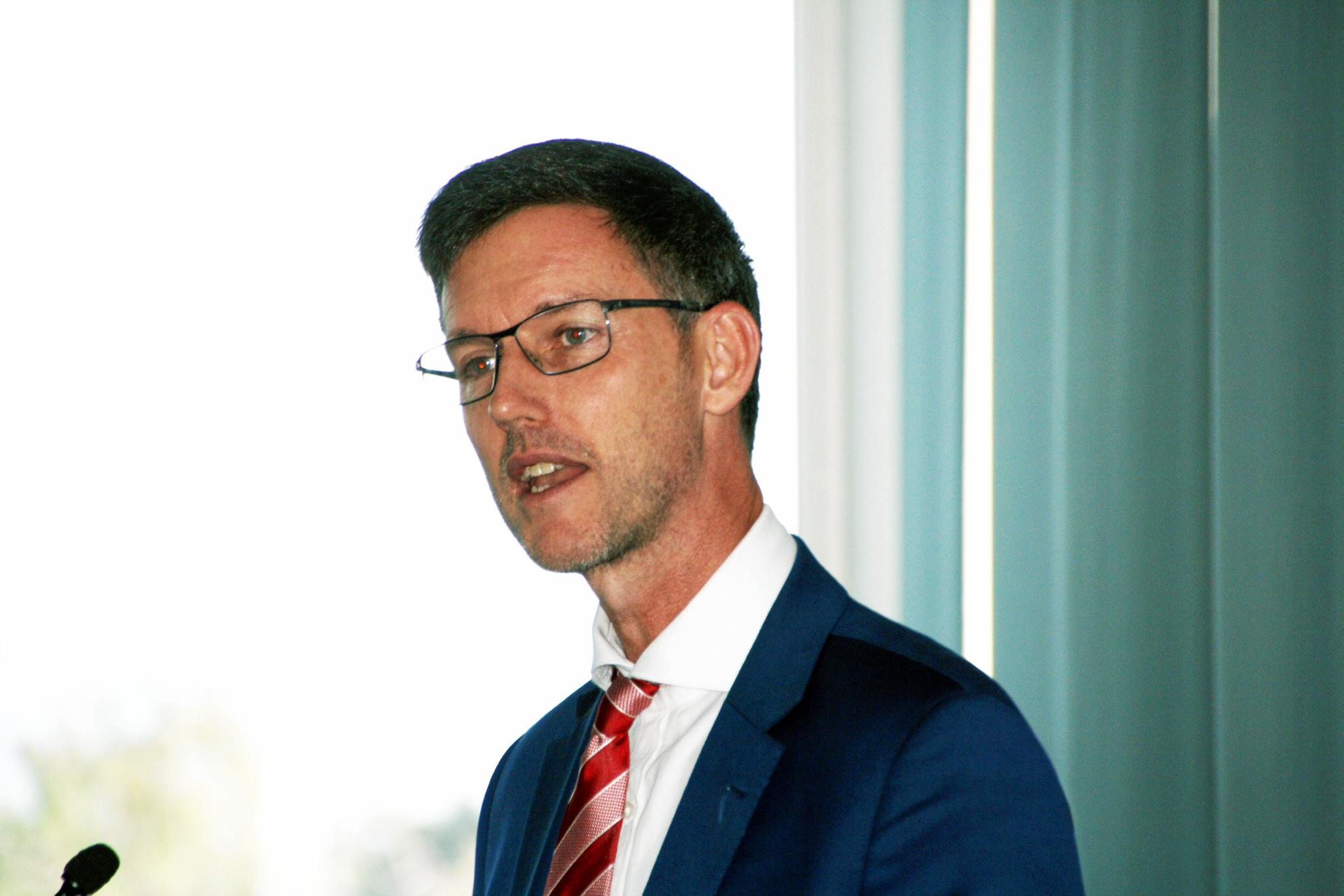 Minister for Main Roads Mark Bailey speaking at the Urban Development Institute of Australia (Qld) breakfast at Maroochydore Surf Club last Friday. Picture: Erle Levey