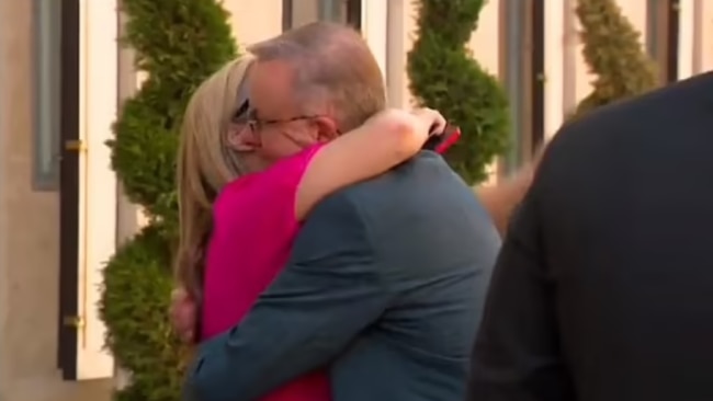 Anthony Albanese’s partner Jodie Haydon was pictured fighting back tears as she bid an emotional farewell to the Prime Minister ahead of his secret trip to Ukraine. Picture: Nine News.