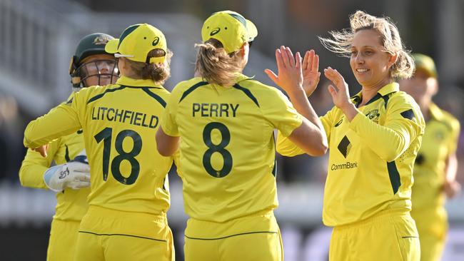 BRISTOL, ENGLAND - JULY 12: Ashleigh Gardner of Australia celebrates with teammates after dismissing Sarah Glenn of England during the Women's Ashes 1st We Got Game ODI match between England and Australia at Seat Unique Stadium on July 12, 2023 in Bristol, England. (Photo by Gareth Copley/Getty Images)