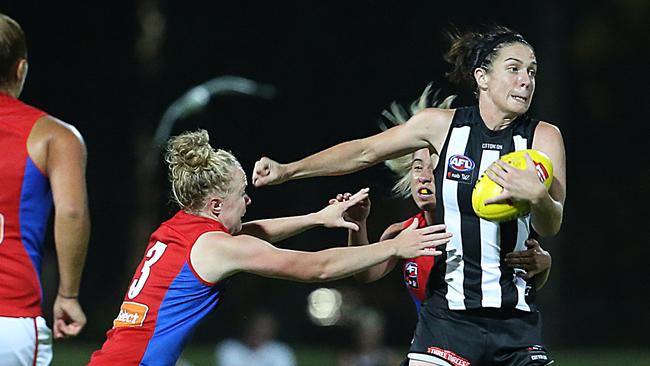 Ash Brazill in action in the Pies’ pre-season practice match with Melbourne. Picture: Ian Currie