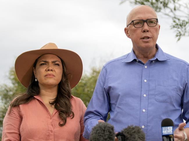 13-04-2023 - Opposition Leader Peter Dutton and Senator Jacinta Price hold a press conference on ANZAC Hill in Alice Springs on Thursday. Picture: Liam Mendes / The Australian