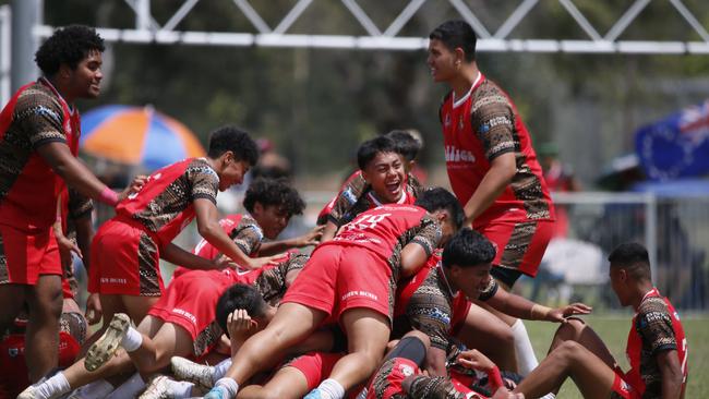 Action at the 2023 Pacifika youth rugby cup at Whalan reserve. Under 14 boys Tonga v Samoa Picture: Warren Gannon Photography.