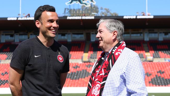 Wanderers forward Mark Bridge and Penrith Mayor Ross Fowler at Panthers Stadium. Source: Western Sydney Wanderers