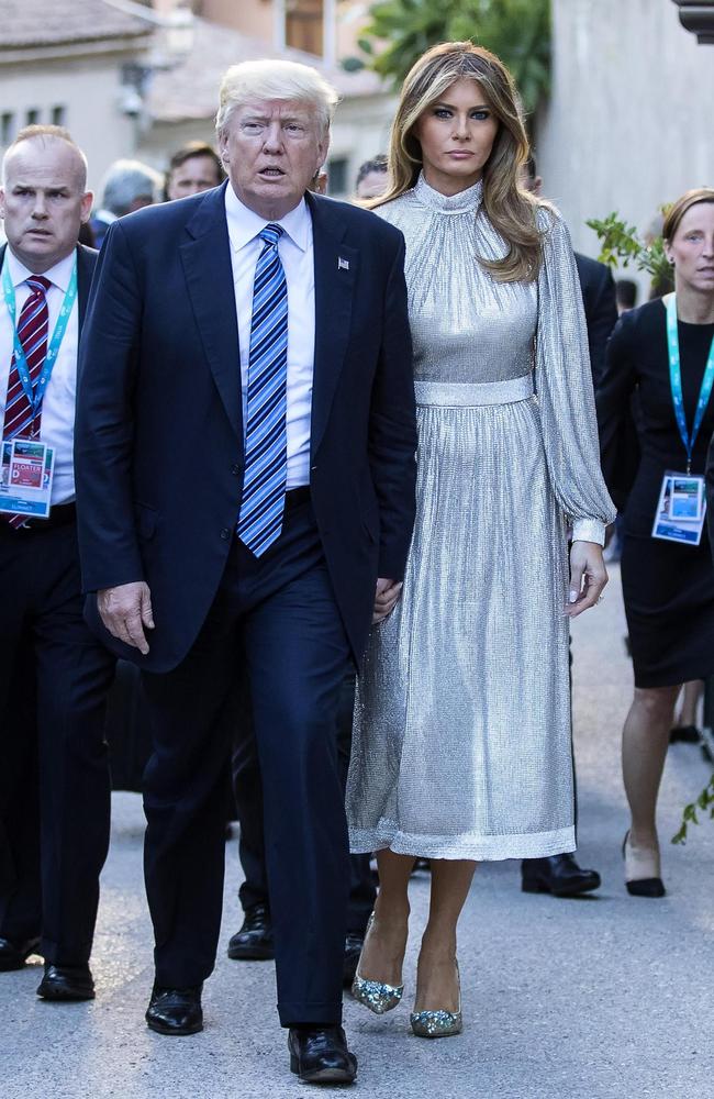 US President Donald Trump and his wife Melania arrive at a concert in the Ancient Theatre of Taormina in Italy. Picture: Angelo Carconi/ANSA via AP