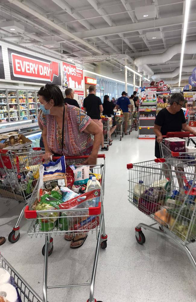 Coles at Alderley soon filled with shoppers as the lockdown announcement was being made. Picture: Supplied