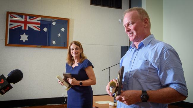 Townsville Mayor presenting Peter Collings. Picture: Scott Radford-Chisholm