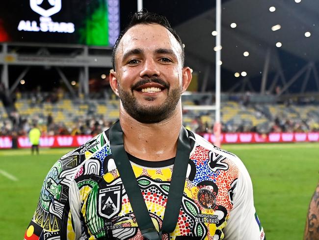 TOWNSVILLE, AUSTRALIA - FEBRUARY 16: Braydon Trindall of the Indigenous All-Stars poses with the Preston Campbell Medla for player of the match after the NRL All-Stars match between Men's Australia Indigenous All Stars and Aotearoa NZ Men's Maori Tane at Queensland Country Bank Stadium on February 16, 2024 in Townsville, Australia. (Photo by Ian Hitchcock/Getty Images)