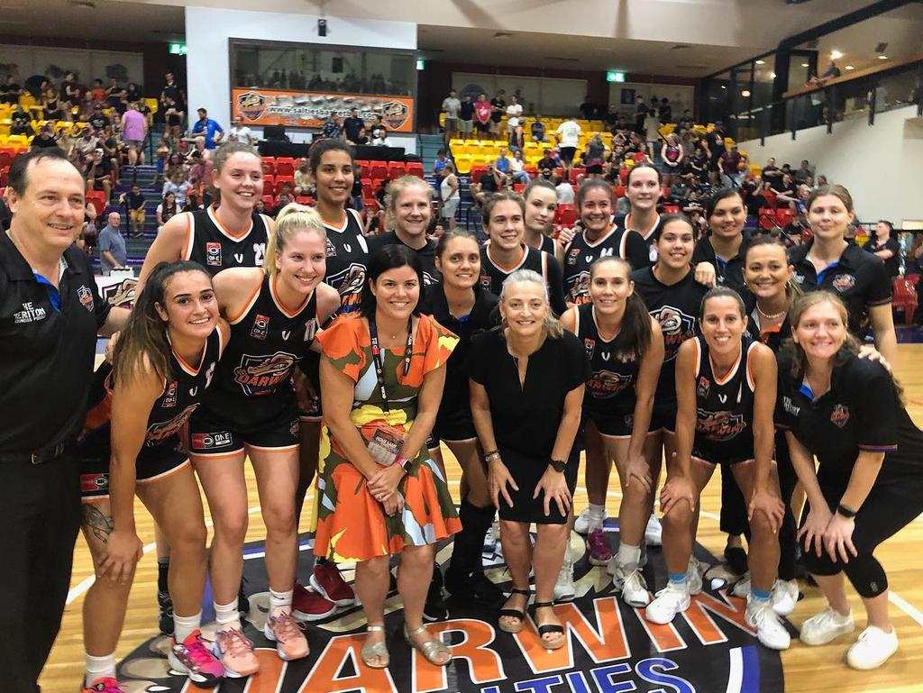 The Darwin Salties women's team with Chief Minister Natasha Fyles after a nine-point victory over North Gold Coast Seahawks. Picture: Ben Thompson.