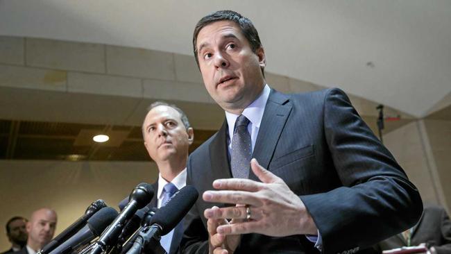 House Intelligence Committee chairman Devin Nunes (Republican, California), right, accompanied by the committee's ranking member, Adam Schiff (Democrat, California), talks to reporters on Capitol Hill in Washington on Wednesday, March, 15, 2017, about their investigation of Russian influence on the American presidential election. Both said they have no evidence to back President Trump's claim that former President Barack Obama wiretapped Trump Plaza during the 2016 campaign. Picture: AP Photo