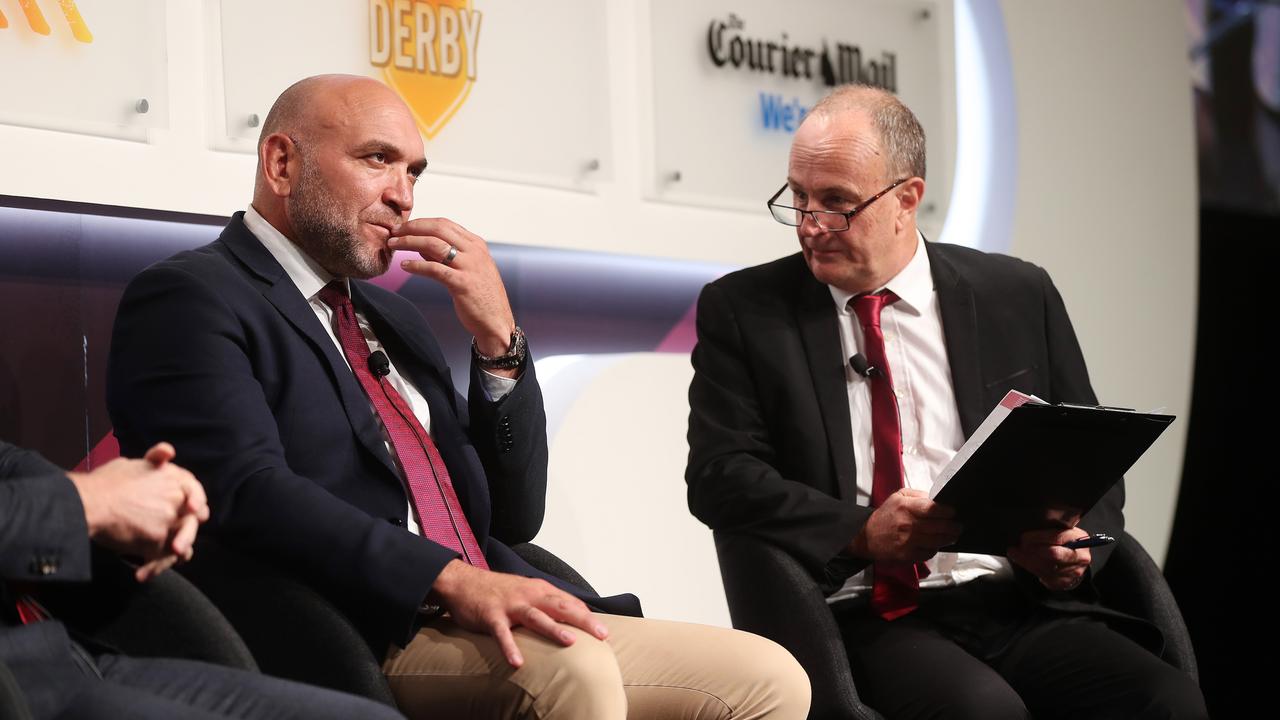 The Courier-Mail's Robert Craddock speaking with Darren Lockyer and Gordon Tallis. Pics Tara Croser.