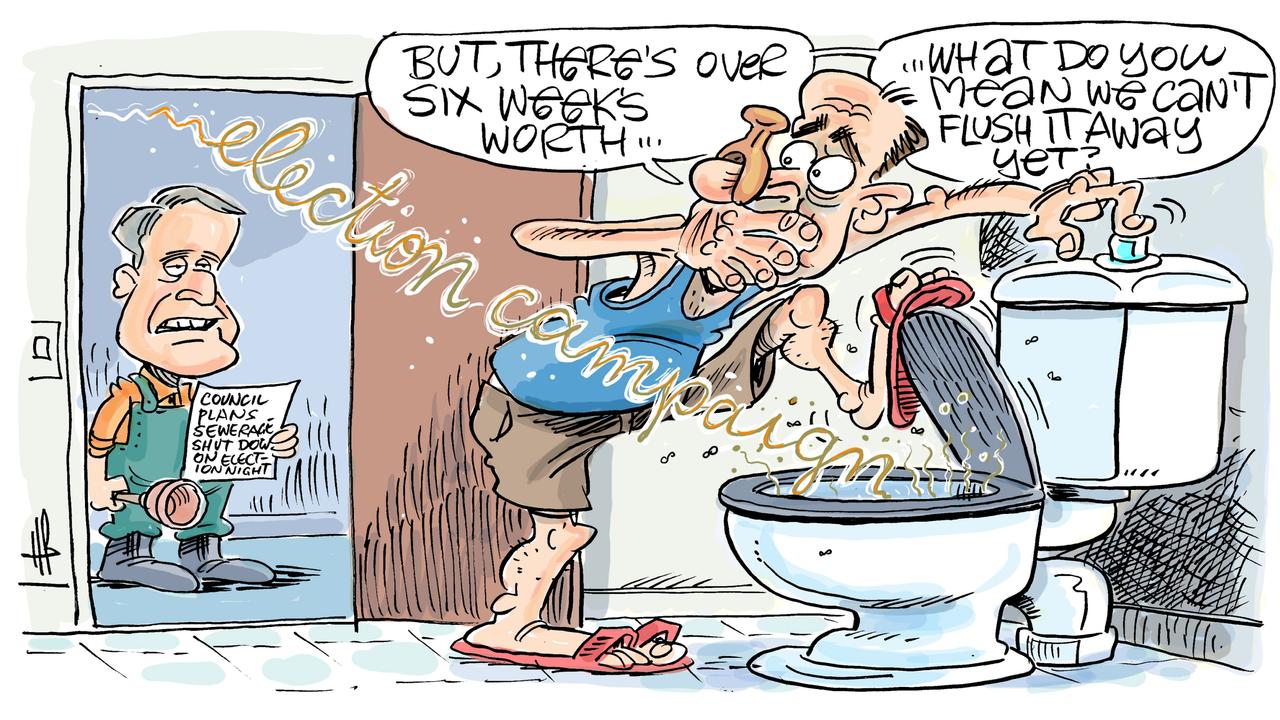 Cartoonist Harry Bruce takes a wry look at election night sewage system shutdown in Mackay.