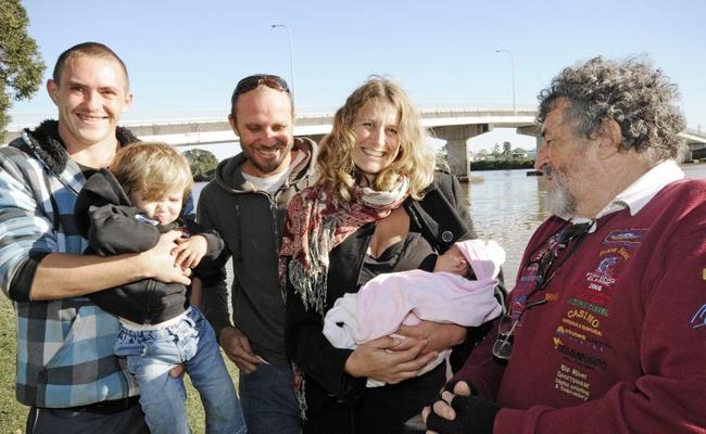 The team that helped bring baby Launa into the world by the side of the road at Swans Bay last week: (From Left) Jack Wood of Bora Ridge, 2y Sunny MacKinnon, Dad Wade MacKinnon, Mum Jacqui Levy Baby Launa MacKinnon all of New Italy, with Roger Wood of Bora Ridge. Picture: Doug Eaton