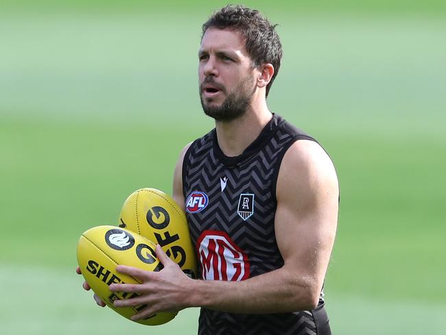 ADELAIDE, AUSTRALIA - MAY 07: Travis Boak during a Port Adelaide Power AFL training session at Adelaide Oval on May 07, 2021 in Adelaide, Australia. (Photo by Sarah Reed/Getty Images)