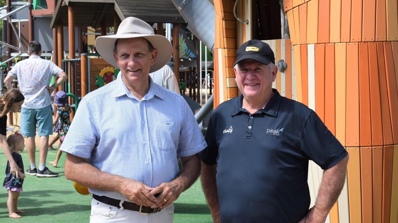 Mayor Tony Williams and deputy mayor Neil Fisher at the redeveloped playground at Rockhampton Botanic Gardens on March 11, 2023. Picture: Aden Stokes