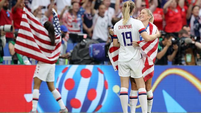 Former Adelaide United defender Abby Dahlkemper (right) after winning the Women’s World Cup in France with the US. Picture: Elsa/Getty Images