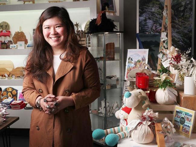 Katie King designer of Cadey Collections jewellery at the Tassie Makers Market in Centrepoint ahead of the last few days of shopping before Christmas. Picture: Nikki Davis-Jones